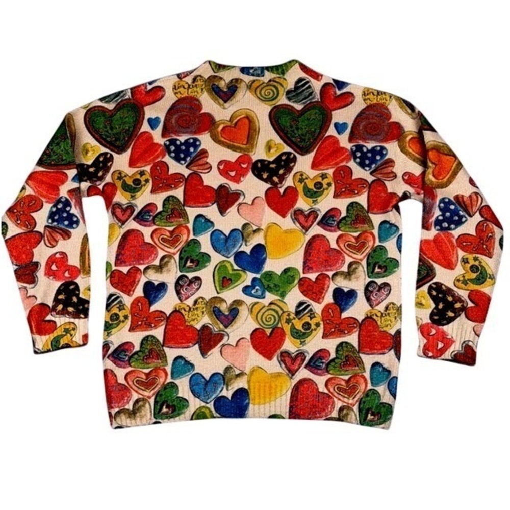 Womens Multicolor All Over Heart Print Crewneck Knit Sweater Medium